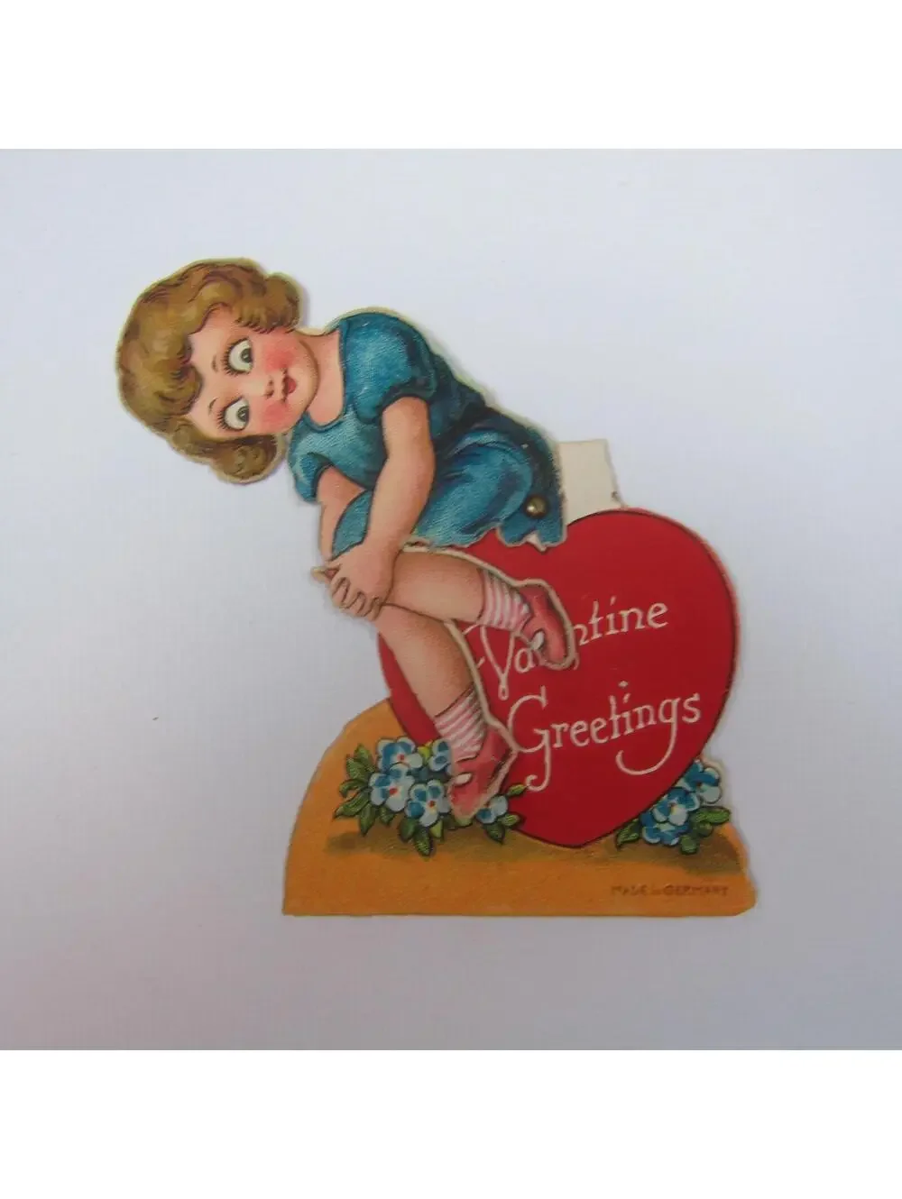 Vintage Valentine Card Mechanical Girl in Blue Dress Sits Red Heart Body Moves